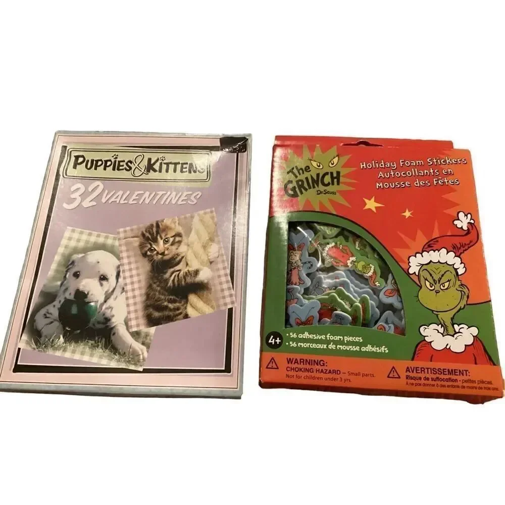 Lot Of 2 Puppies & Kittens Valentine's Day Cards School Grinch Foam Stickers San
